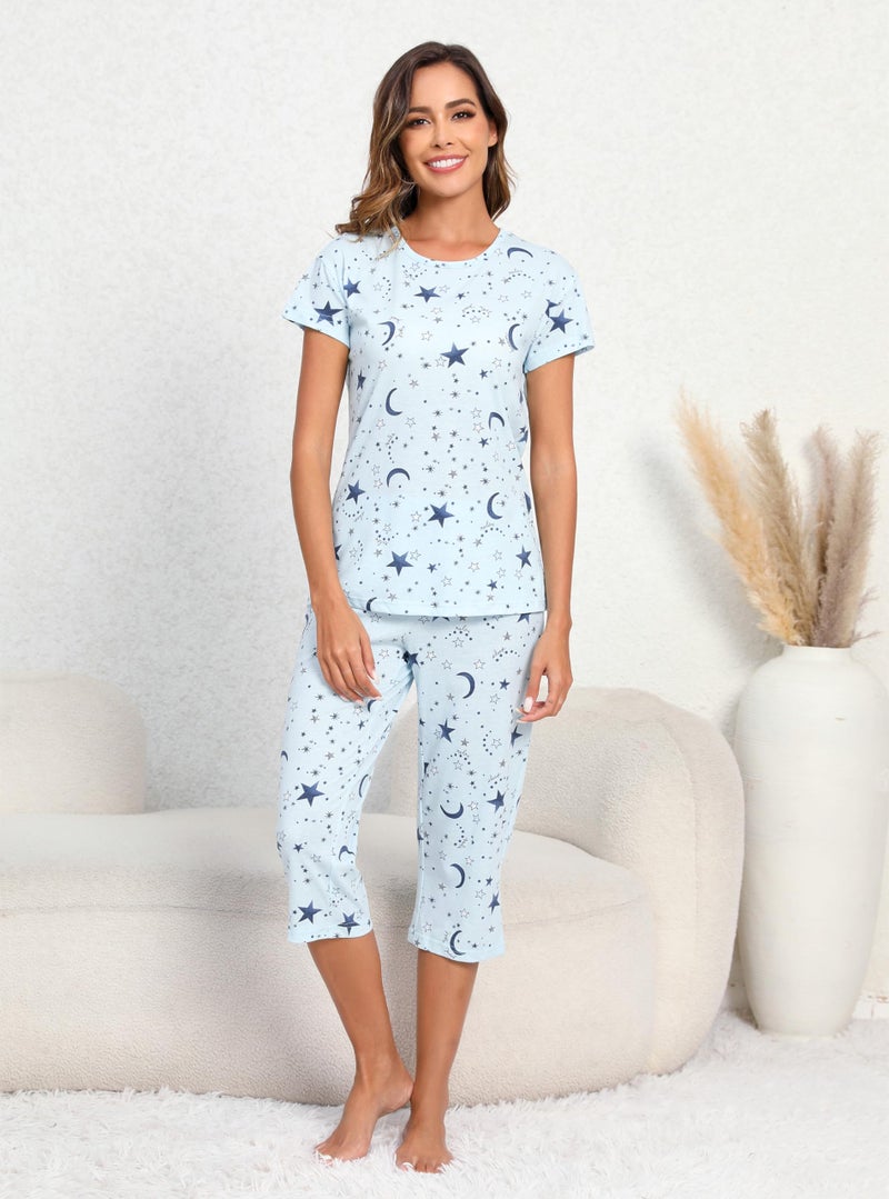 PNAEONG Womenâ€™s Pajama Set - Cotton-Blend Short-Sleeve Loose Top with Matching Capri Bottoms SY215-Blue Star-XL - Image 2